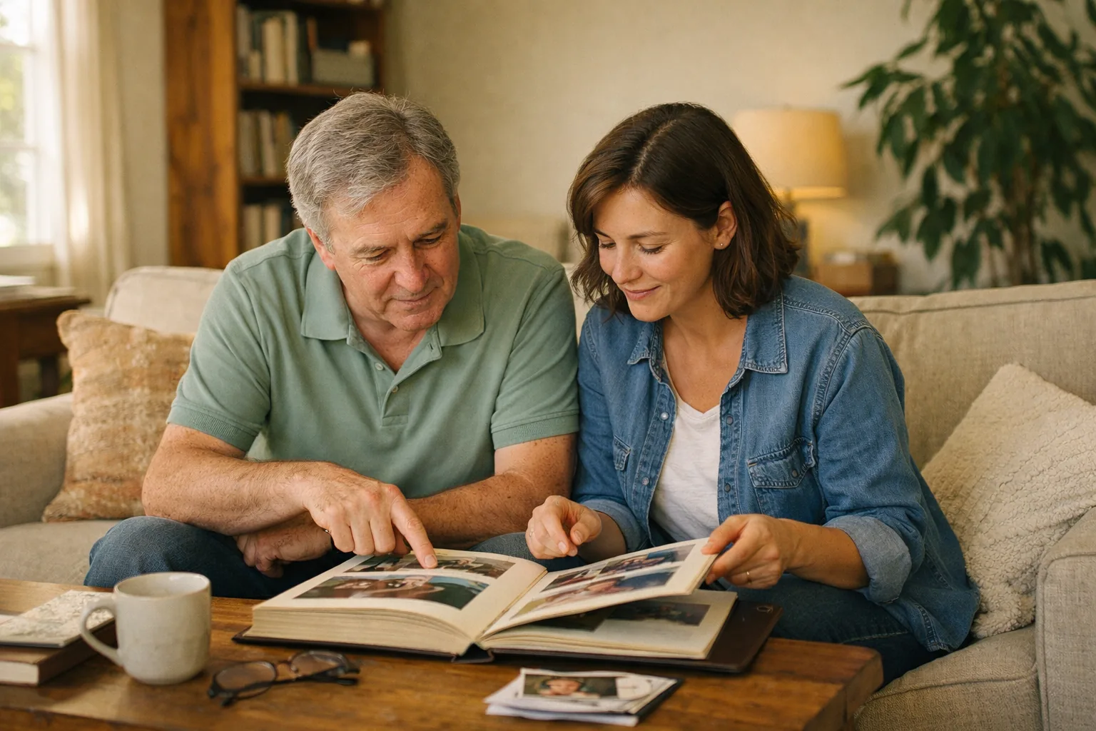 A caregiver and adult sharing a relaxed activity together at home.