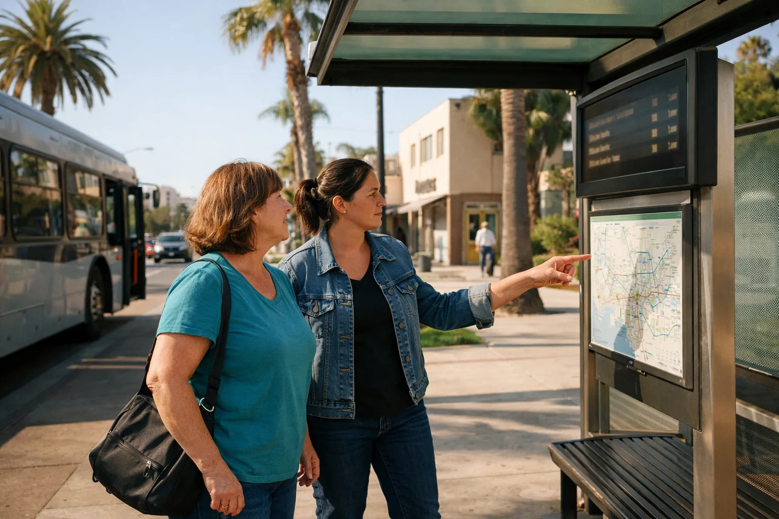 An adult and support worker reviewing a bus route together at a neighborhood transit stop.